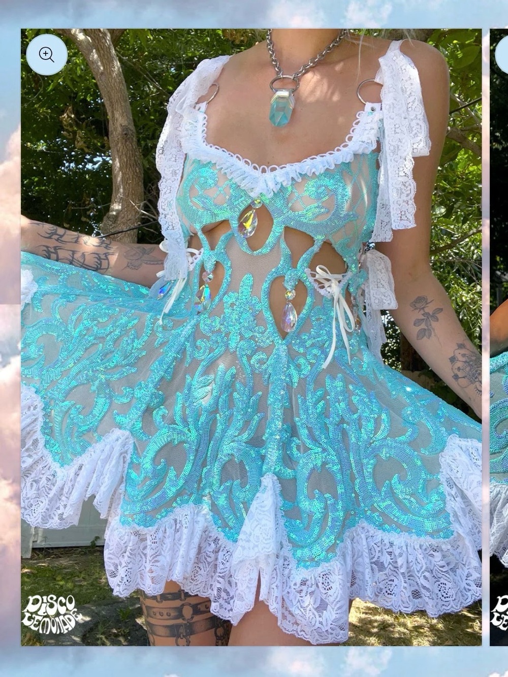 Disco Lemonade Neptune dress! 
Backless Lace-Up Mini Dress in Iridescent Aqua